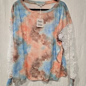NWT Davi & Dani Women's Tie-Dye Lace Sleeve Top - Blue, Brown, Orange